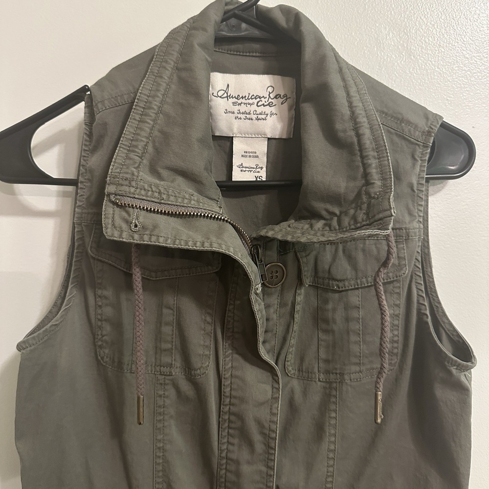 AMERICAN RAG OLIVE‎ VEST-Zip Up Jacket Gathered Waist-Size XS